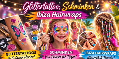 Glittertattoo en Schminken op Feest Kinderen met glittertattoo, schmink en Ibiza hairwrap op feest