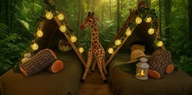 droomfeestjes-tipi-slaapfeestje-partyverhuur-verkoop.jpg Kinderen slapen in jungle-tipi tentjes met bladeren, dierenprint en sfeerverlichting